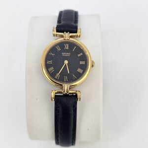 VTG Seiko Women Watch 22MM Black Dial Roman Numerals Black Bands 6" New Battery